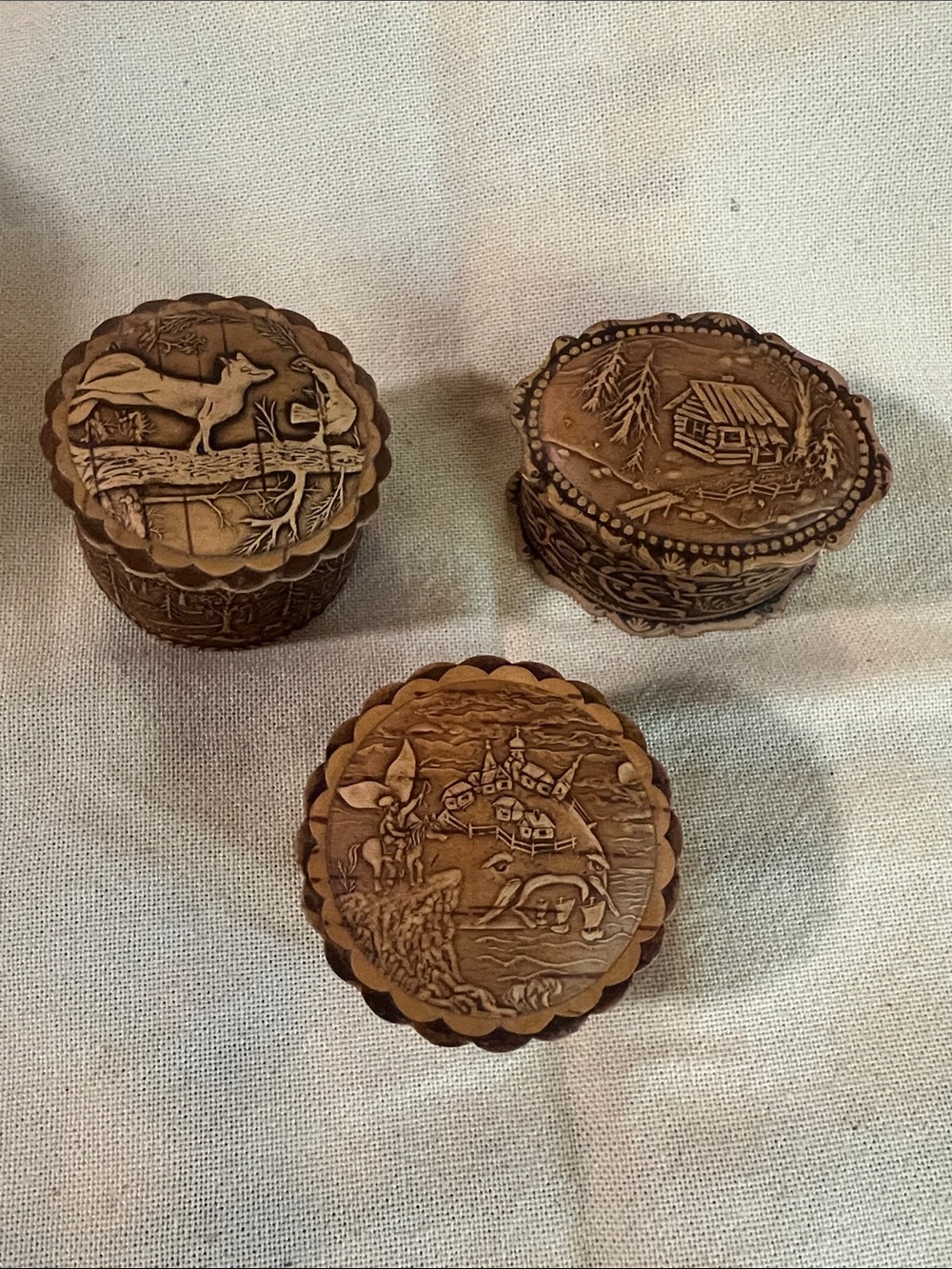 Vintage Russian Birch Bark Folk Art Trinket Boxes - Set of 3